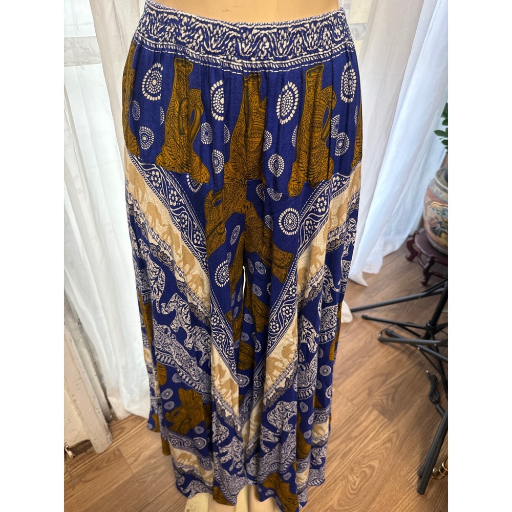 Boho Elephant Print Wide Leg Palazzo Pants Blue Gold Smocked Waist Rayon